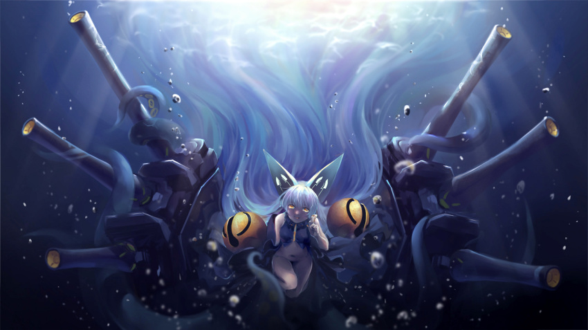 1girl air_bubble animal_ears azur_lane bare_shoulders black_shirt breasts bubble commentary_request fake_animal_ears floating_hair glowing glowing_eyes inf_(you_xiang) long_hair looking_at_viewer naked_shirt navel no_panties pointing pointing_up rigging shirt silver_hair siren_(azur_lane) siren_observer_(azur_lane) sleeveless solo sphere submerged tentacle turret underwater very_long_hair yellow_eyes