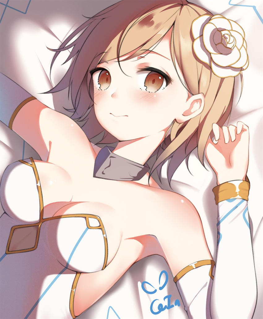 1girl blush breasts brown_eyes cleavage closed_mouth djeeta_(granblue_fantasy) dress elbow_gloves flower gin00 gloves granblue_fantasy highres light_brown_hair lying medium_breasts on_back rose short_hair smile white_dress white_flower white_gloves white_rose