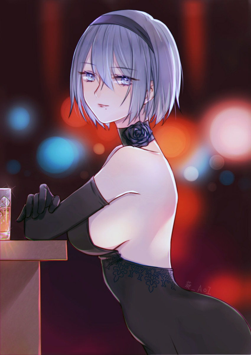 alcohol aoi_aoi arms_on_table backless_outfit beer black_dress black_flower black_hairband black_rose blue_eyes breasts choker cocktail_dress cup dress drink drinking_glass elbow_gloves eyebrows_visible_through_hair flower from_side gloves hairband highres ice lights looking_at_viewer mole mole_under_mouth nier_(series) nier_automata no_blindfold pink_lips rose short_hair sideboob silver_hair standing table yorha_no._2_type_b