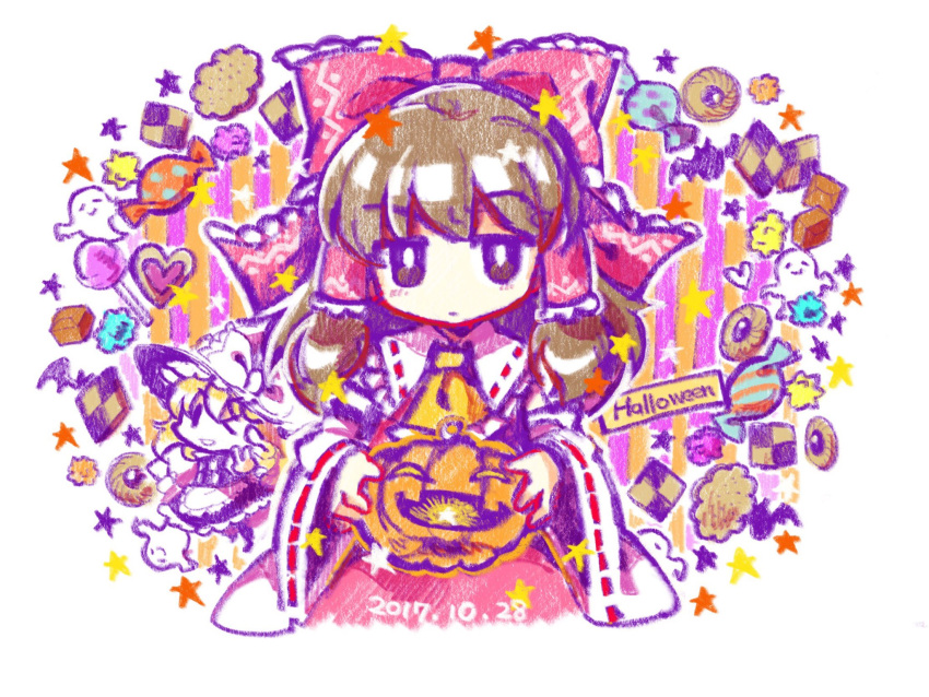 2girls apron ascot bangs bat black_dress blonde_hair bow brown_eyes brown_hair buttons candy cookie dated detached_sleeves dress english expressionless eyebrows_visible_through_hair eyebrows_visible_through_hat food frilled_dress frills ghost hair_between_eyes hair_bow hair_tubes hakurei_reimu halloween hat hat_bow heart highres holding jack-o'-lantern japanese_clothes kirisame_marisa lollipop long_hair looking_at_viewer miko multiple_girls pumpkin red_bow ribbon-trimmed_sleeves ribbon_trim smile socha star touhou v waist_apron white_bow wide_sleeves witch_hat