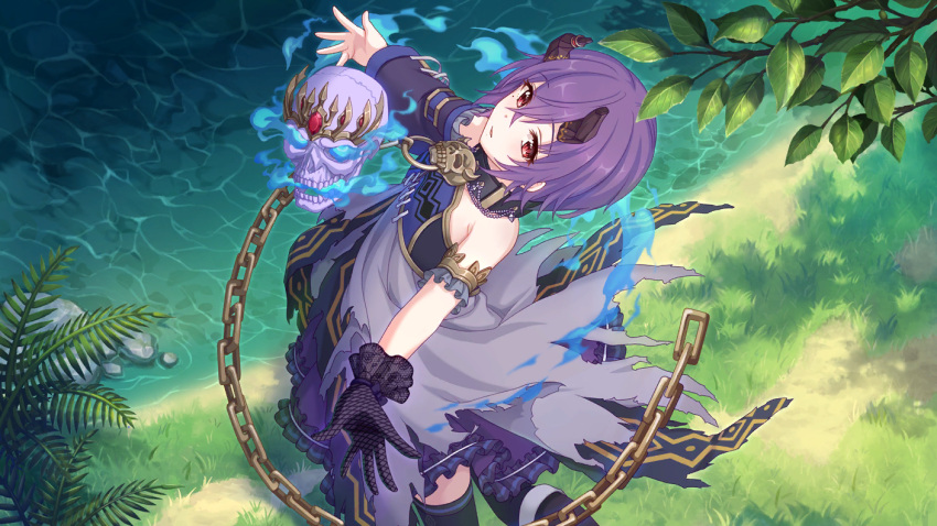 1girl bare_shoulders chains cygames gloves horns kamiki_shinobu official_art princess_connect! purple_hair red_eyes skull torn_clothes water