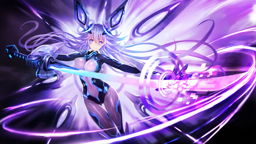1girl absurdres armor armored_boots blue_eyes bodysuit boots breasts covered_navel drawing_sword energy_sword gauntlets hair_between_eyes headgear highres holding holding_sword holding_weapon large_breasts long_hair looking_at_viewer materializing multiple_wings neptune_(series) next_purple power_symbol purple_hair purple_heart shin_jigen_game_neptune_vii skin_tight smile solo sword symbol-shaped_pupils twintails very_long_hair weapon wings zhuore_zhi_hen