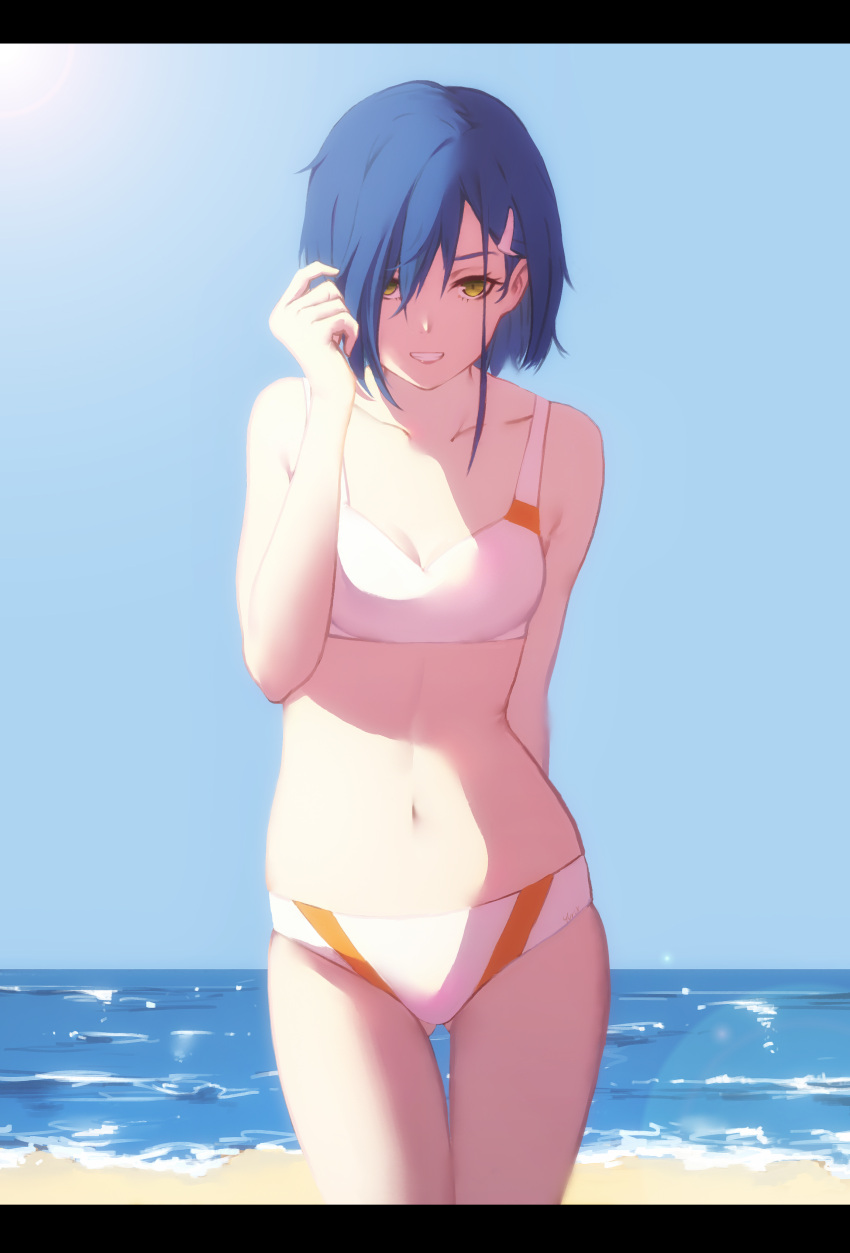 1girl :d absurdres beach bikini blonde_hair blue_sky breasts collarbone darling_in_the_franxx day eyelashes gluteal_fold green_eyes half-closed_eyes hand_in_hair highres ichigo_(darling_in_the_franxx) midriff navel ocean open_mouth outdoors short_hair sky small_breasts smile swimsuit teeth white_bikini white_swimsuit yurix