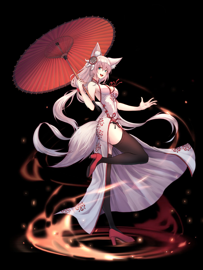 1girl absurdly_long_hair absurdres animal_ears black_background black_legwear blue_eyes blush breasts china_dress chinese_clothes chinese_new_year cleavage cleavage_cutout dog_ears dog_tail dress eyebrows_visible_through_hair full_body high_heels highres holding holding_umbrella kimsw0522 large_breasts long_hair looking_at_viewer open_mouth oriental_umbrella original silver_hair simple_background smile tail teeth thigh-highs umbrella very_long_hair