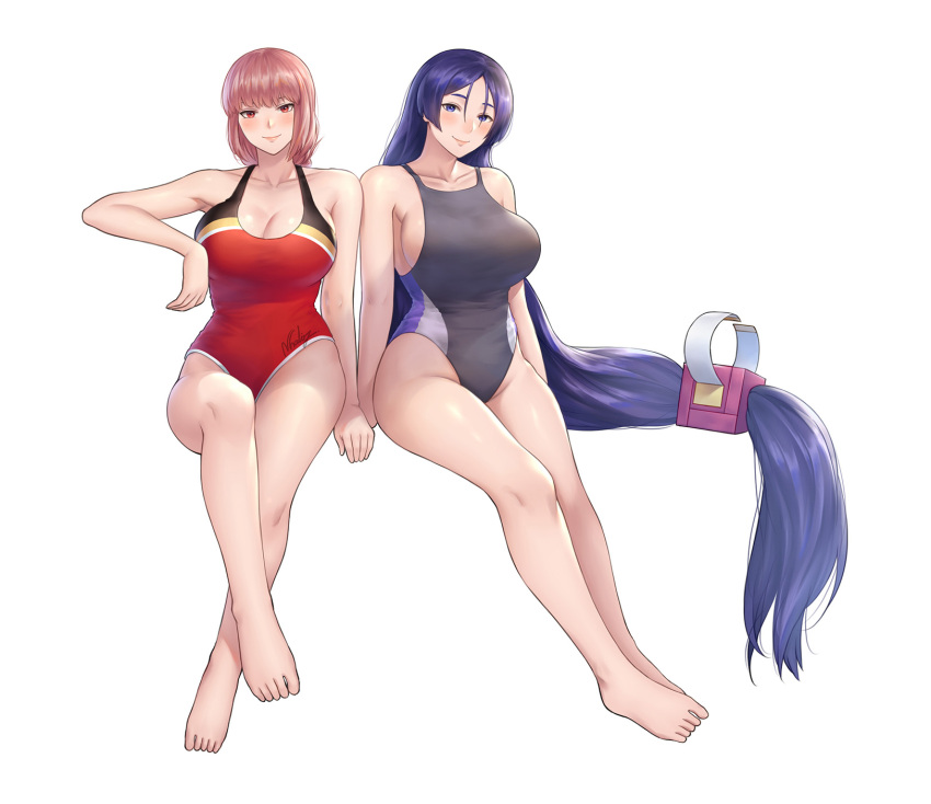 2girls blush breasts cleavage fate/grand_order fate_(series) florence_nightingale_(fate/grand_order) highres invisible_chair long_hair looking_at_viewer minamoto_no_raikou_(fate/grand_order) multiple_girls natsuyu pink_hair red_eyes sitting smile swimsuit very_long_hair violet_eyes white_background