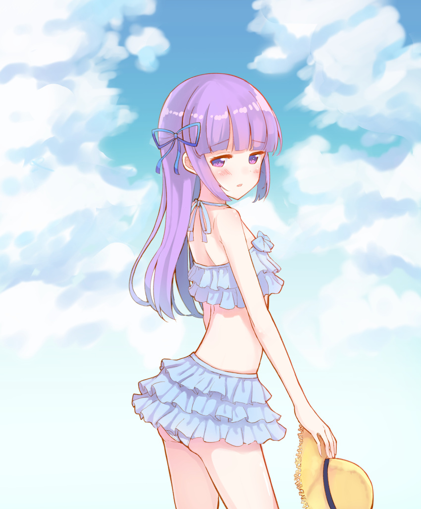 1girl absurdres aikatsu! ass bangs bare_arms bare_shoulders bikini blue_bikini blue_ribbon blue_sky blush clouds cloudy_sky day eyebrows_visible_through_hair hair_ribbon halter_top halterneck hat hat_removed headwear_removed highres hikami_sumire holding holding_hat layered_bikini long_hair looking_away looking_down looking_to_the_side makiaato outdoors purple_hair ribbon sidelocks sky solo straw_hat swimsuit very_long_hair violet_eyes