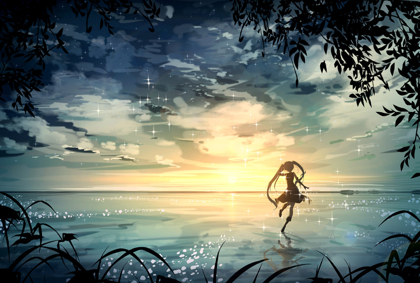 1girl arm_up backlighting boots byakuya_reki clouds cloudy_sky dress elbow_gloves evening facing_viewer full_body gloves horizon knee_boots long_hair original outdoors scenery sky solo sparkle standing standing_on_one_leg sun sunlight sunset tree twintails