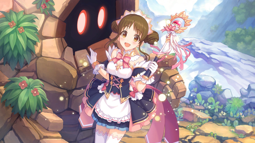 1girl amano_suzume brown_eyes brown_hair cygames gloves golem maid maid_headdress official_art princess_connect! thigh-highs wand