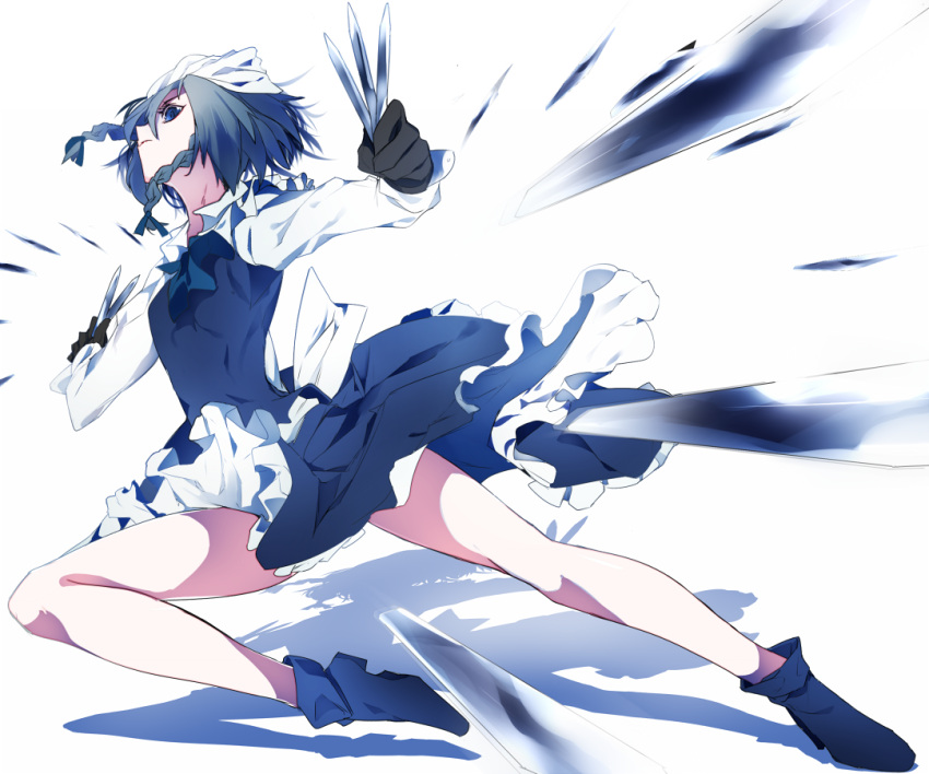 1girl bangs bent_elbows bent_knee black_gloves blue_eyes blue_footwear blue_hair boots braid commentary_request from_below gloves holding ikurauni izayoi_sakuya long_sleeves looking_away shirt short_hair solo touhou white_shirt