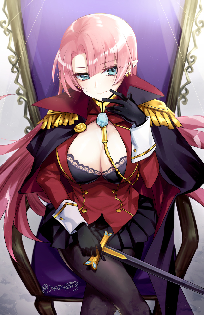 1girl azur_lane black_gloves black_legwear breasts cape chair cleavage commentary_request duke_of_york_(azur_lane) earrings eyebrows_visible_through_hair from_above gloves highres jewelry large_breasts legs_crossed long_hair long_sleeves looking_at_viewer mo253 pantyhose pink_hair pleated_skirt pointy_ears sitting skirt solo sword twitter_username weapon