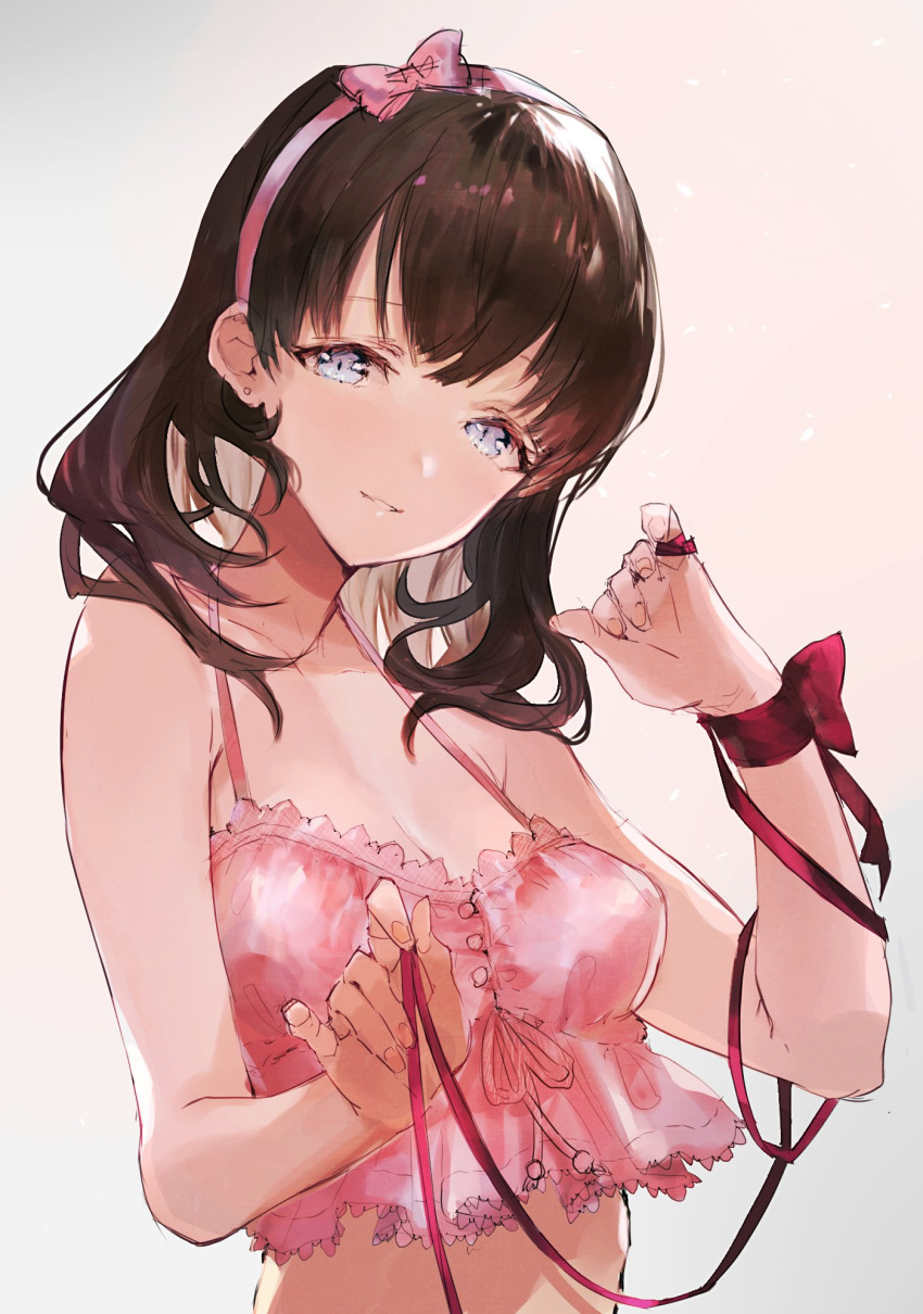 1girl bangs bare_shoulders blue_eyes bow breasts brown_hair cleavage collarbone crop_top earrings hair_bow hairband halter_top halterneck hand_up head_tilt highres hitaki_yuu holding holding_ribbon jewelry looking_at_viewer medium_breasts medium_hair parted_lips pink_bow pink_hairband purple_ribbon ribbon sakuma_mayu simple_background sketch solo upper_body