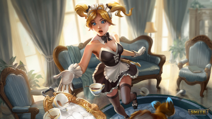 1girl absurdres alternate_costume alternate_hairstyle amaterasu_(smite) apron armchair ball bare_shoulders black_bow black_dress black_footwear black_legwear blonde_hair blue_eyes book bow bowtie breasts chair cleavage copyright_name couch cup curtains detached_collar dress falling frilled_dress frills gaston_aguilera hair_bow highres indoors lips maid maid_apron maid_headdress medium_breasts open_mouth ratatoskr_(smite) sheath sheathed shoes short_dress smite solo_focus strapless strapless_dress sword teacup thigh-highs tray tripping twintails weapon white_apron white_bow window zettai_ryouiki