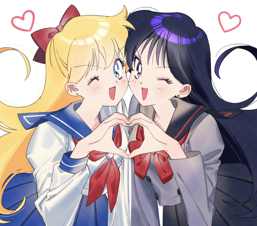 2girls aino_minako bishoujo_senshi_sailor_moon black_hair blonde_hair blue_eyes blue_sailor_collar blue_skirt bow heart heart_hands heart_hands_duo highres hino_rei multiple_girls one_eye_closed open_mouth p_m_ame purple_hair red_bow sailor_collar school_uniform serafuku simple_background skirt violet_eyes white_background