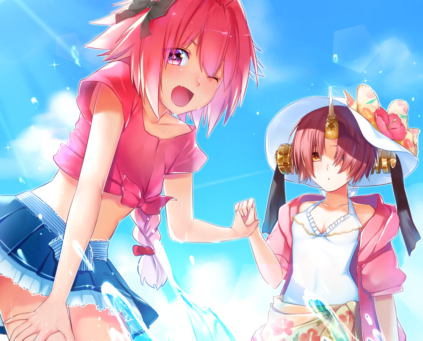 1boy 1girl :o ;d absurdres astolfo_(fate) ayamori_mimi bangs black_bow black_ribbon blue_eyes blue_skirt blue_sky bob_cut bow breasts casual_one-piece_swimsuit cleavage collarbone commentary_request crop_top day dutch_angle eyes_visible_through_hair fate/apocrypha fate_(series) flower frankenstein's_monster_(fate) frilled_skirt frilled_swimsuit frills furrowed_eyebrows glint hair_between_eyes hair_bow hair_intakes hair_ornament hair_over_eyes hair_scrunchie halterneck hand_on_own_leg hand_up hat hat_bow hat_flower headgear heterochromia hibiscus highres holding_hand hood hood_down hooded_jacket horn jacket lace-trimmed_bow large_bow leaning_forward long_hair looking_at_viewer miniskirt multicolored_hair off_shoulder one-piece_swimsuit one_eye_closed open_clothes open_jacket open_mouth outdoors parted_bangs pink_flower pink_hair pink_jacket pink_shirt pleated_skirt print_bow red_scrunchie ribbon sarong scrunchie shirt short_hair short_sleeves skirt sky small_breasts smile standing stomach streaked_hair sun_hat swimsuit swimsuit_under_clothes tied_shirt trap two-tone_hair v-shaped_eyebrows violet_eyes wading water water_drop wet white_hair white_hat white_swimsuit yellow_bow yellow_eyes