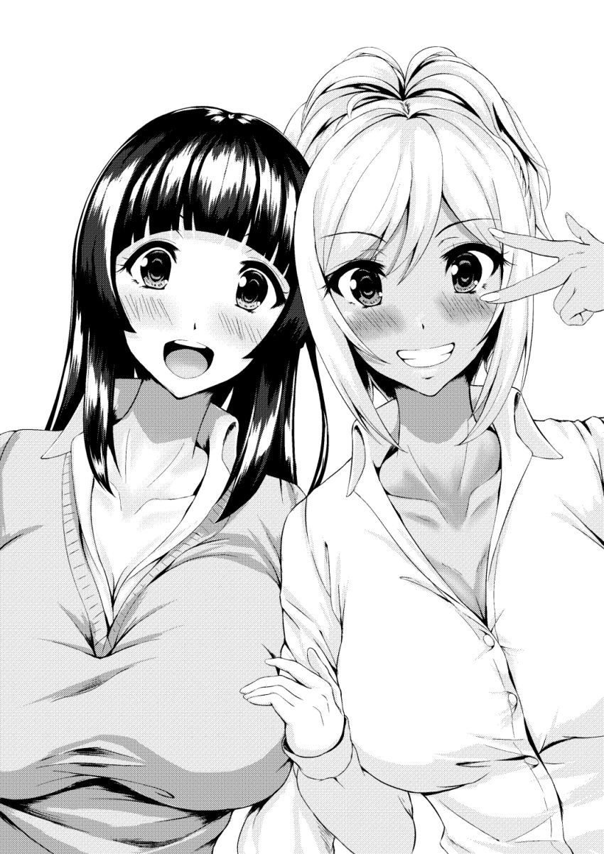 2girls :d arm_at_side bangs black_hair blunt_bangs blush breasts cardigan cleavage collarbone collared_shirt commentary_request dress_shirt eyebrows_visible_through_hair eyelashes fingernails grin gyaru hair_between_eyes hand_up head_to_head heart heart-shaped_pupils highres huge_breasts kogal large_breasts long_fingernails long_hair long_sleeves looking_at_viewer makeup multiple_girls no_bra open_mouth ponytail pose school_uniform shirt smile standing straight_hair symbol-shaped_pupils tama_(tamakaka1031) teeth upper_body upper_teeth v v_over_eye