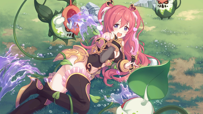 1girl boots chains cygames heart high_heels masochism monster navel official_art pink_hair princess_connect! thigh-highs thigh_boots tomi_kuka twintails violet_eyes