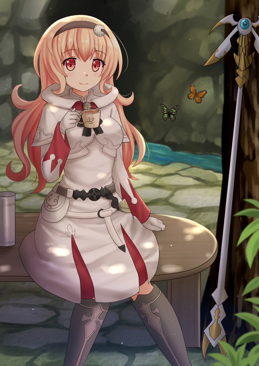 1girl alternate_costume animal bangs black_hairband blush butterfly capelet choujigen_game_neptune closed_mouth commentary commission compa cosplay cup day eyebrows_visible_through_hair final_fantasy gloves hair_between_eyes hairband highres holding holding_cup kazenokaze light_brown_hair long_hair looking_at_viewer neptune_(series) outdoors red_eyes robe sitting smile solo staff steam thermos very_long_hair water white_capelet white_gloves white_mage white_mage_(cosplay) white_robe
