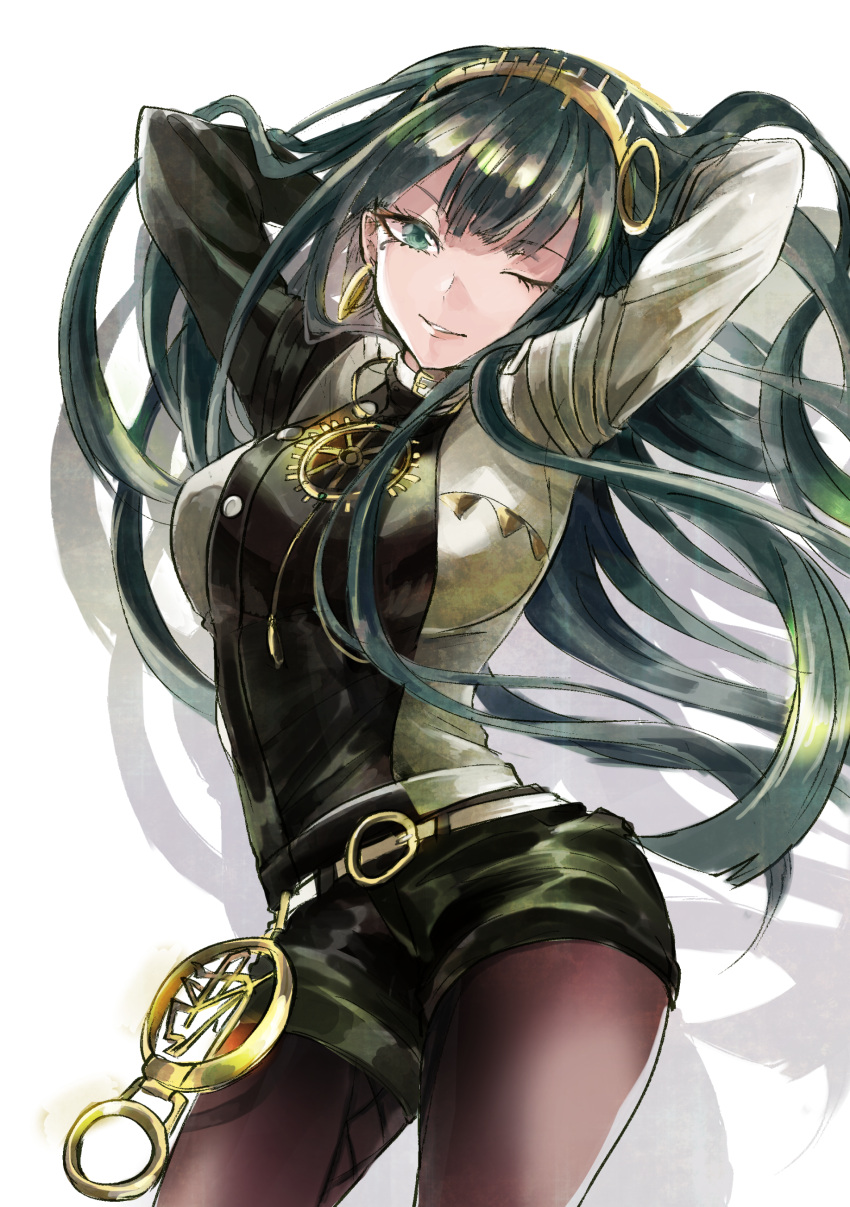 1girl absurdres arms_behind_head arms_up bangs bracelet breasts cleopatra_(fate/grand_order) earrings eyeliner fate/grand_order fate_(series) green_eyes green_hair hairband highres hips hoop_earrings jewelry large_breasts long_hair looking_at_viewer makeup mitu-yuki necklace one_eye_closed pantyhose parted_lips shorts simple_background smile solo thighs very_long_hair white_background