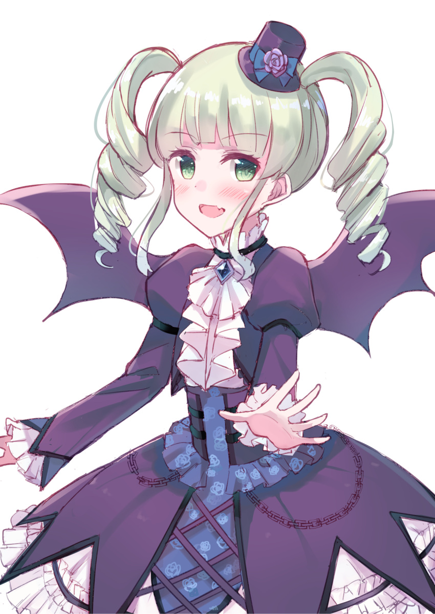 1girl :d aikatsu! bangs bat_wings blush dress drill_hair eyebrows_visible_through_hair fang green_eyes green_hair hat highres juliet_sleeves long_sleeves looking_at_viewer makiaato mini_hat mini_top_hat open_mouth puffy_sleeves purple_dress purple_hat purple_wings sidelocks simple_background smile solo top_hat toudou_yurika twin_drills white_background wings