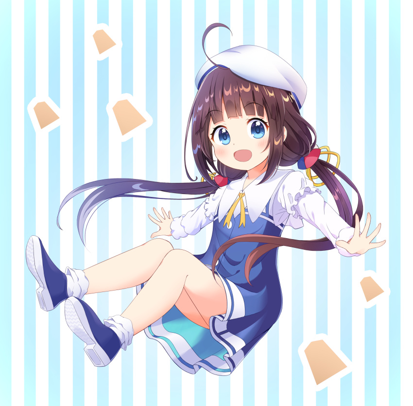 1girl :d absurdres ahoge beret blue_dress blue_eyes blue_footwear blush bobby_socks breasts collared_shirt dress eyebrows_visible_through_hair frilled_sleeves frills full_body hair_ribbon hat highres hinatsuru_ai long_hair long_sleeves low_twintails noven open_mouth outstretched_arms ribbon ryuuou_no_oshigoto! shirt shoes smile socks striped tareme twintails vertical-striped_background vertical_stripes very_long_hair white_hat white_legwear yellow_ribbon