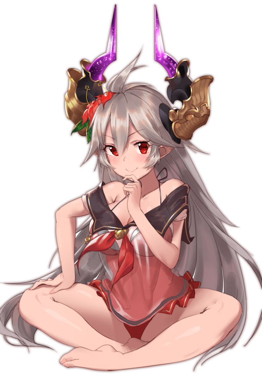 absurdres ahoge barefoot breasts casual_one-piece_swimsuit cleavage closed_mouth draph finger_to_mouth flower full_body granblue_fantasy hair_between_eyes hair_flower hair_ornament halterneck hand_on_own_thigh highres horns indian_style large_breasts long_hair off-shoulder_shirt one-piece_swimsuit pointy_ears red_eyes red_swimsuit sailor_collar sailor_shirt see-through shirt silver_hair simple_background sitting smile swimsuit thalatha_(granblue_fantasy) tigersaber very_long_hair white_background