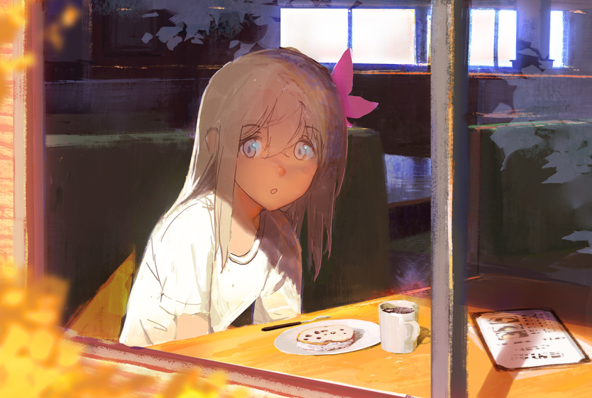 1girl blonde_hair blue_eyes cake casual coffee_mug commentary_request contemporary flower food fujibejifu hair_between_eyes hair_flower hair_ornament kantai_collection long_hair menu open_mouth plate remodel_(kantai_collection) restaurant ro-500_(kantai_collection) shadow shirt sidelocks sitting solo steam sunlight t-shirt table window