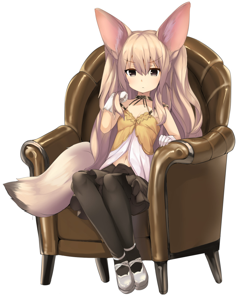 1girl animal_ears bent_elbows bent_knees black_eyes black_legwear breasts brown_hair cleavage commentary_request eyebrows_visible_through_hair feet_together fox_ears gloves haik heart highres long_hair looking_at_viewer navel original pantyhose skirt small_breasts solo tail white_background white_footwear white_gloves