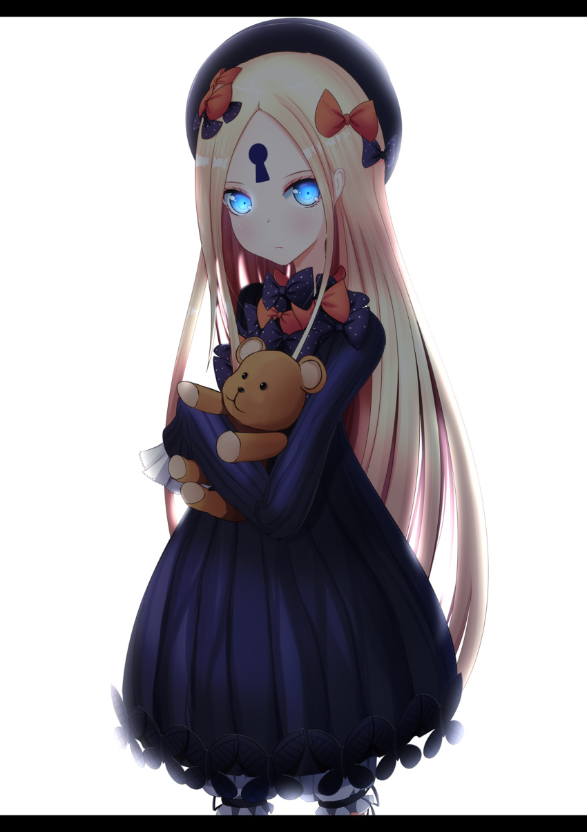 1girl abigail_williams_(fate/grand_order) bangs black_bow black_dress black_hat blonde_hair bloomers blue_eyes bow butterfly closed_mouth cowboy_shot dress fate/grand_order fate_(series) forehead glowing glowing_eyes hair_bow hat highres karana_(wisteria0413) letterboxed long_hair long_sleeves looking_at_viewer object_hug orange_bow parted_bangs polka_dot polka_dot_bow simple_background sleeves_past_fingers sleeves_past_wrists solo stuffed_animal stuffed_toy teddy_bear underwear very_long_hair white_background white_bloomers