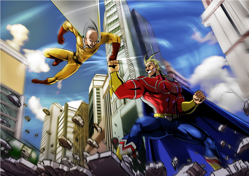 2boys all_might bald battle boku_no_hero_academia cape cityscape clenched_hands crossover day gloves graphite_(medium) ground_shatter hair_slicked_back male_focus multiple_boys muscle one-punch_man punching red_gloves royzart saitama_(one-punch_man) superhero traditional_media