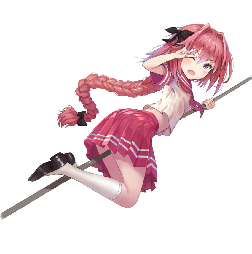 1boy :o astolfo_(fate) bangs between_legs black_bow black_footwear blush bow braid commentary_request crop_top crop_top_overhang dot_nose fang fate/apocrypha fate/grand_order fate_(series) feet_up from_side full_body hair_between_eyes hair_bow hair_intakes hands_up highres holding holding_pole kneehighs loafers long_hair looking_at_viewer looking_to_the_side male_focus miniskirt neckerchief one_eye_closed open_mouth pink_hair pink_neckwear pleated_skirt pole red_sailor_collar red_skirt sailor_collar school_uniform serafuku shirt shoes short_sleeves simple_background single_braid skirt sleeve_cuffs solo stomach straddling trap v very_long_hair violet_eyes white_background white_legwear white_shirt ysh_(yysshh)