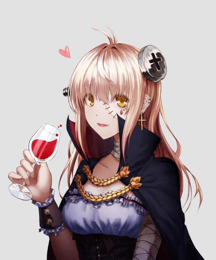 1girl absurdres ahoge blonde_hair blush breasts brown_eyes closed_mouth collarbone cross cross_earrings cup drinking_glass earrings eyebrows_visible_through_hair fang heart highres jewelry kimsw0522 long_hair looking_at_viewer medium_breasts original smile solo stitches upper_body vampire wine_glass