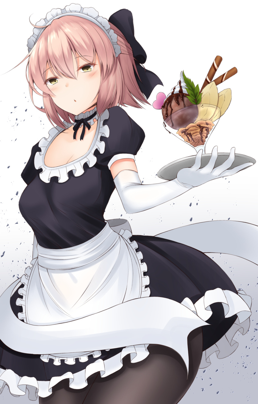 1girl alternate_costume apron black_bow black_dress black_legwear blush bow breasts cleavage doyachii dress elbow_gloves fate/grand_order fate_(series) frilled_apron frilled_dress frills gloves hair_between_eyes hair_bow hairband highres holding holding_tray koha-ace looking_at_viewer maid maid_apron maid_headdress okita_souji_(fate) pantyhose parted_lips pink_hair puffy_short_sleeves puffy_sleeves shiny shiny_hair short_hair short_sleeves tray waitress white_gloves white_hairband yellow_eyes