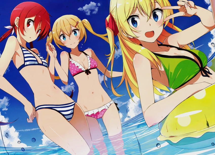 3girls :d beach bikini blonde_hair blush clouds cowboy_shot dutch_angle green_bikini holding_hands innertube joukamachi_no_dandelion looking_at_viewer official_art open_mouth pink_bikini polka_dot redhead redhead ribbon sakurada_akane sakurada_hana sakurada_hikari sky striped_bikini twin_tails v water