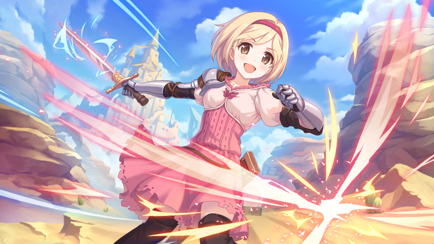 1girl arm_guards blonde_hair boots cygames djeeta_(granblue_fantasy) granblue_fantasy hairband knee_boots official_art princess_connect! sword weapon yellow_eyes