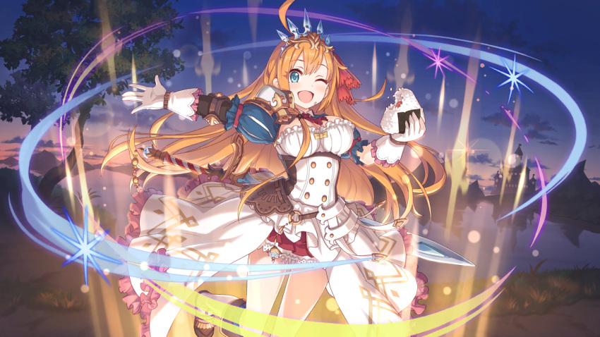 1girl armor blue_eyes breasts cygames food hair_ribbon official_art one_eye_closed onigiri orange_hair pecorine princess_connect! ribbon shoulder_armor sword tiara weapon