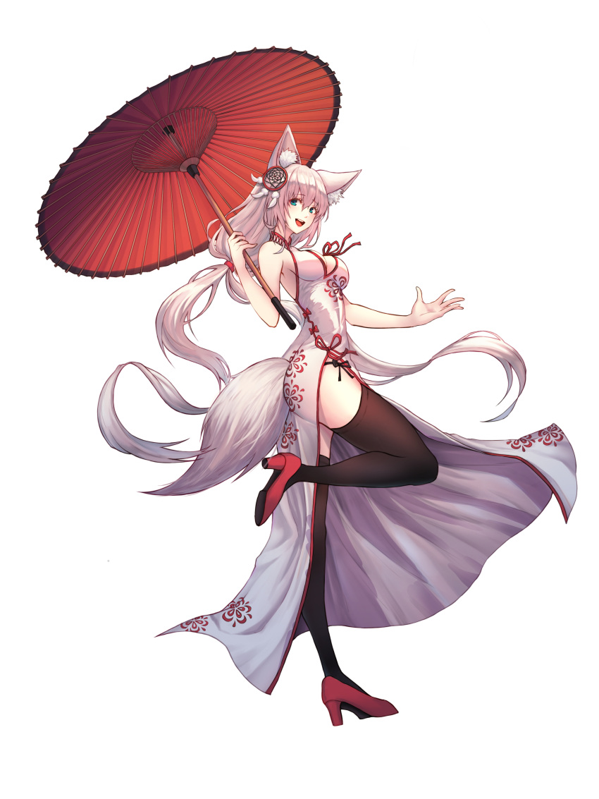 1girl absurdly_long_hair absurdres animal_ears black_legwear blue_eyes blush breasts china_dress chinese_clothes chinese_new_year cleavage cleavage_cutout dog_ears dog_tail dress eyebrows_visible_through_hair full_body high_heels highres holding holding_umbrella kimsw0522 large_breasts long_hair looking_at_viewer open_mouth oriental_umbrella original silver_hair simple_background smile tail teeth thigh-highs umbrella very_long_hair white_background