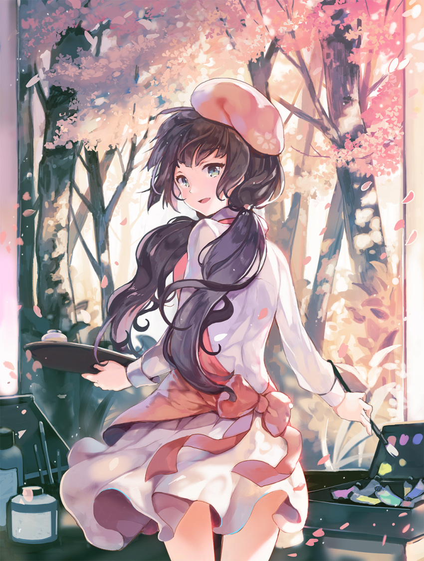 1girl apron backlighting bangs beret black_hair brush cherry_blossoms cowboy_shot day dress green_eyes hat highres long_hair long_sleeves looking_at_viewer looking_back low_twintails open_mouth original outdoors palette petals sibyl smile solo twintails white_dress wind