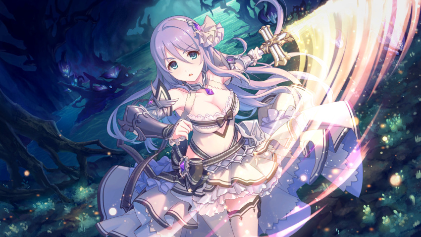 1girl arm_guards blue_eyes breasts cleavage cygames hair_ornament hoshino_shizuru layered_skirt official_art princess_connect! purple_hair sword thigh-highs weapon