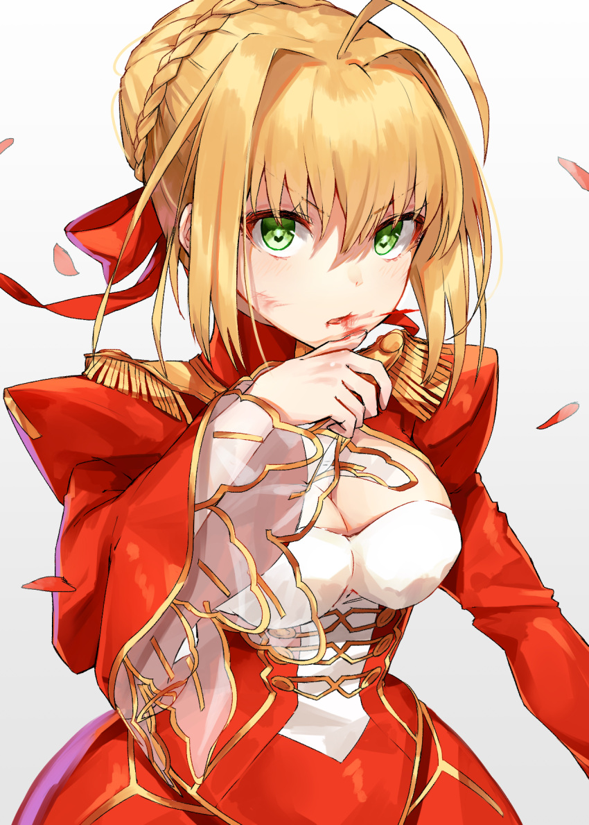 1girl bangs black_cola blonde_hair blood blood_from_mouth blood_on_face blush braid breasts cleavage commentary_request dress epaulettes eyebrows_visible_through_hair fate/extra fate_(series) fingernails gradient gradient_background green_eyes grey_background hair_between_eyes hair_bun hair_intakes heart heart-shaped_pupils highres juliet_sleeves long_sleeves medium_breasts nero_claudius_(fate) nero_claudius_(fate)_(all) petals puffy_sleeves red_dress saber_extra see-through solo symbol-shaped_pupils white_background