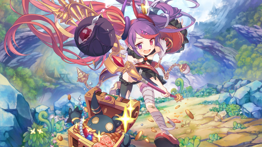 1girl bandage coin crying crying_with_eyes_open cygames eyeball heterochromia mimic multicolored_hair official_art princess_connect! purple_hair red_eyes staff tamaizumi_misaki tears thigh-highs torn_clothes torn_thighhighs treasure_chest twintails violet_eyes
