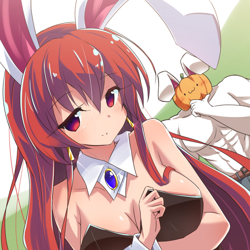 1girl :3 abs animal_ears bangs bare_shoulders belt_buckle blue_pants blush breasts brown_belt buckle bunny_girl bunnysuit cleavage closed_mouth commentary_request detached_collar dutch_angle earrings eyebrows_visible_through_hair hair_between_eyes highres jewelry long_hair looking_at_viewer medium_breasts muscle nose_blush original pants pumpkin rabbit_ears red_eyes redhead ryogo sidelocks smile solid_circle_eyes solo usami_tsuitachi very_long_hair white_collar wrist_cuffs