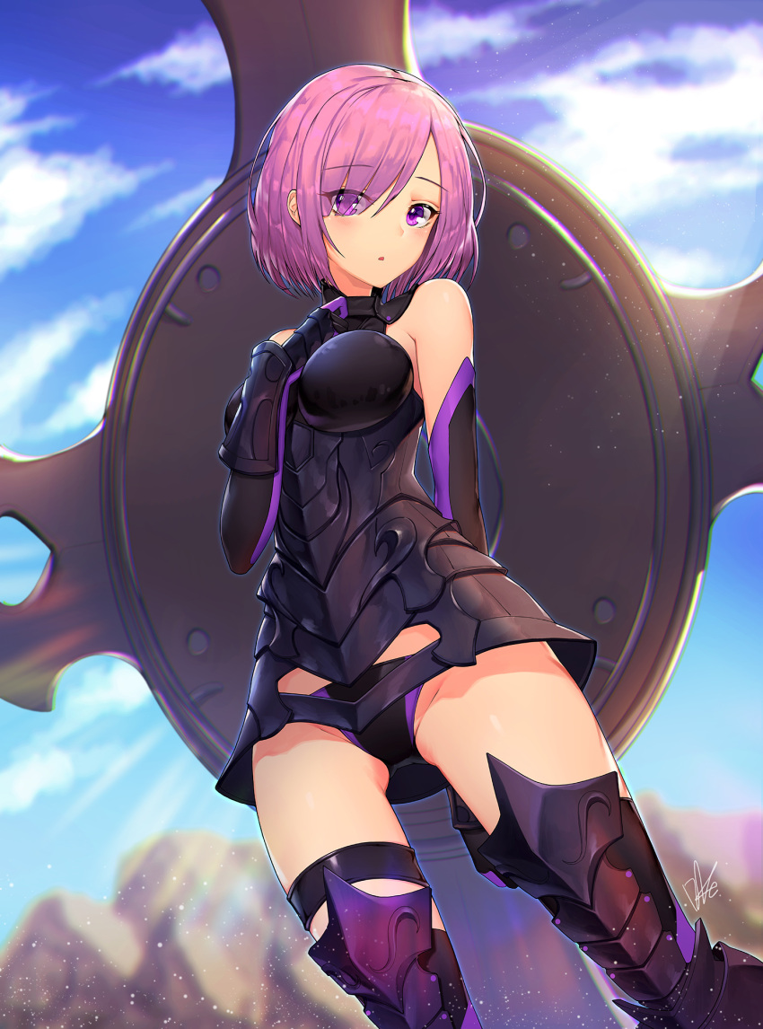 1girl arm_behind_back armor armored_dress black_gloves black_panties blurry blurry_background breasts clouds cloudy_sky cowboy_shot day elbow_gloves eyebrows_visible_through_hair fate/grand_order fate_(series) gloves hair_over_one_eye hand_on_own_chest highres lee_seok_ho leg_armor light_particles looking_at_viewer mash_kyrielight outdoors panties pantyshot purple_hair shield short_hair signature sky standing thigh_strap underwear violet_eyes