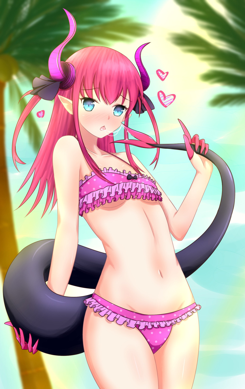 1girl absurdres bangs bare_arms bare_shoulders bikini black_bow black_ribbon blue_eyes blue_sky blurry blurry_background blush bow breasts collarbone commentary cowboy_shot curled_horns day depth_of_field dragon_girl dragon_horns dragon_tail elizabeth_bathory_(fate) elizabeth_bathory_(fate)_(all) eyebrows_visible_through_hair fate/extra fate/extra_ccc fate_(series) frilled_bikini frills hair_ribbon heart highres holding_own_tail holding_tail horns long_hair looking_at_viewer navel nose_blush outdoors palm_tree parted_lips pink_bikini pink_hair pointy_ears polka_dot polka_dot_bikini ribbon saliva saliva_trail sidelocks sky small_breasts solo strapless strapless_bikini swimsuit tail tongue tongue_out tree two_side_up under_boob yuujoduelist
