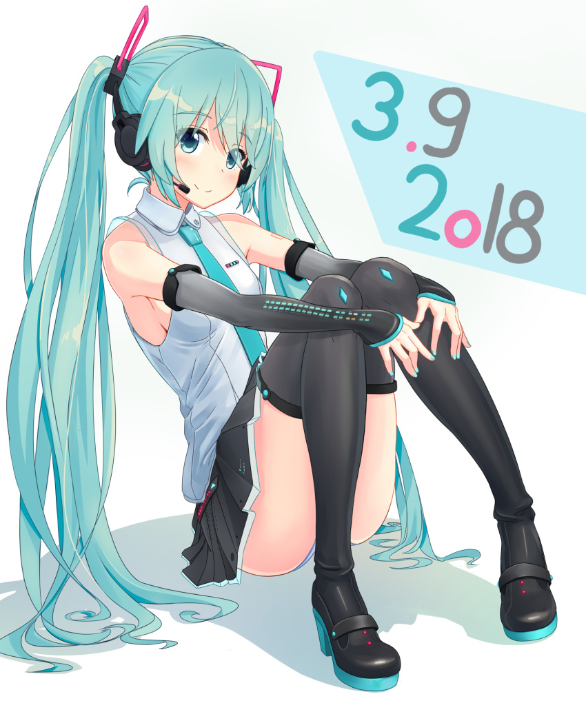 1girl 39 aqua_eyes aqua_hair bangs bibboss39 boots dated detached_sleeves eyebrows_visible_through_hair hatsune_miku headset high_heels highres leg_hug long_hair looking_at_viewer nail_polish necktie pleated_skirt sitting skirt smile solo thigh-highs thigh_boots twintails very_long_hair vocaloid white_background