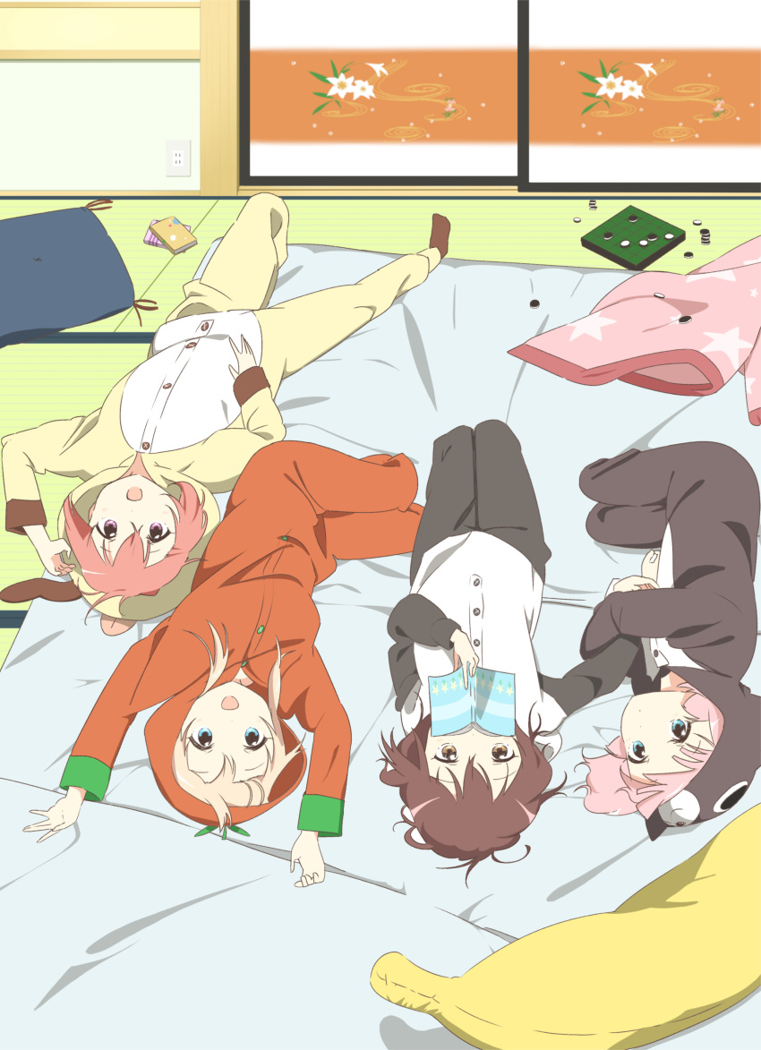 4girls :d absurdres akaza_akari animal_costume blonde_hair blue_eyes board_game book brown_eyes brown_hair buttons cat_costume dog_costume funami_yui highres indoors looking_at_viewer lying multiple_girls ochadzuke on_back open_mouth pajamas panda_costume pillow pink_hair reading redhead reversi smile tomato_costume toshinou_kyouko violet_eyes yoshikawa_chinatsu yuru_yuri