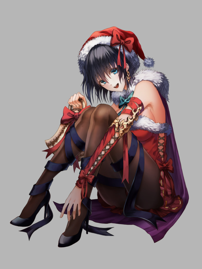 1girl absurdres black_hair black_legwear blue_eyes blush bow breasts christmas earrings eyebrows_visible_through_hair green_bow hat hat_bow high_heels highres jewelry kimsw0522 large_breasts looking_at_viewer merry_christmas open_mouth original pantyhose red_bow red_hat santa_costume short_hair smile solo