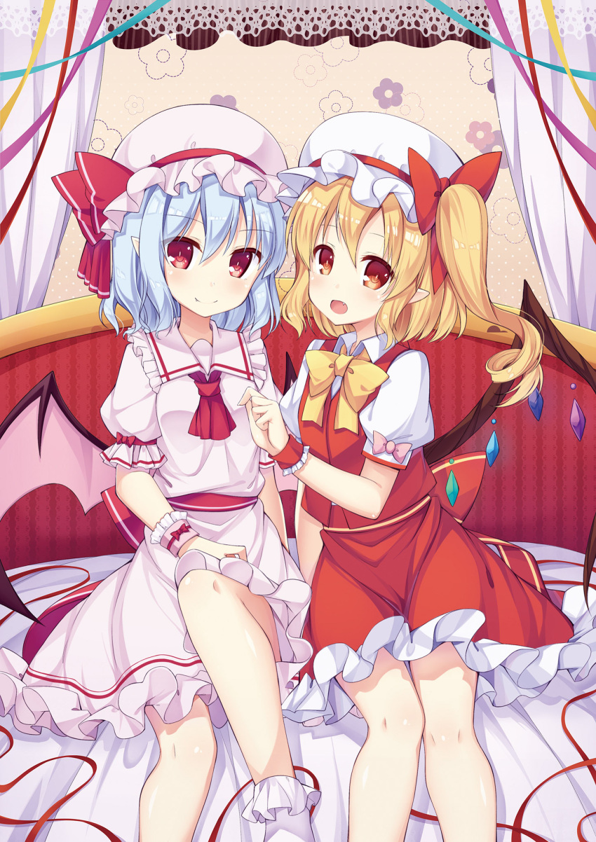 2girls :d amemiya_ruki ascot bangs bat_wings blonde_hair blue_hair bobby_socks bow bowtie closed_mouth collared_shirt commentary_request crystal curtains dress eyebrows_visible_through_hair fang flandre_scarlet hair_between_eyes hair_bow hat hat_bow highres lace_border mob_cap multiple_girls one_side_up open_mouth pink_dress pink_hat pink_wings puffy_short_sleeves puffy_sleeves red_bow red_eyes red_neckwear red_skirt red_vest remilia_scarlet shirt short_sleeves siblings sisters sitting skirt skirt_set smile socks touhou vest white_hat white_legwear white_shirt wings wrist_cuffs yellow_neckwear