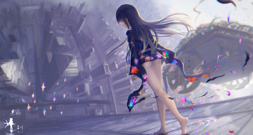 1girl ass bangs barefoot bird black_kimono blunt_bangs blurry blurry_background building closed_mouth day dutch_angle enma_ai expressionless floating_hair from_side full_body highres hime_cut japanese_clothes jigoku_shoujo kimono long_hair long_sleeves looking_at_viewer looking_to_the_side no_pants obi outdoors petals profile ripples sash short_kimono side_glance solo straight_hair walking walking_on_liquid wangchuan_de_quanyan water wide_sleeves wind