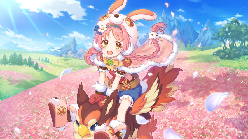 1girl akane_mimi animal_hat animal_slippers braid bunny_hat bunny_slippers cygames earmuffs field flower flower_field hairband hat monster official_art pink_hair princess_connect! riding twintails yellow_eyes