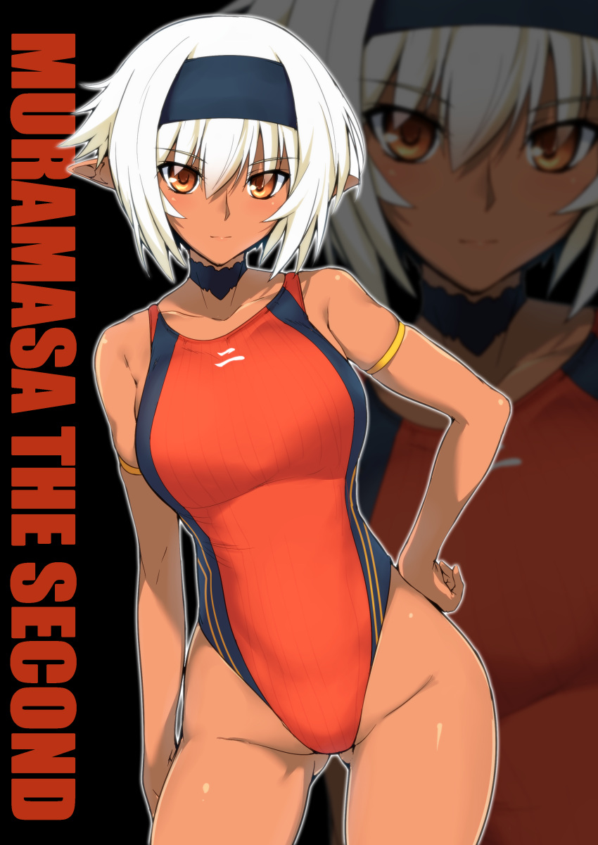 1girl absurdres arm_at_side armlet breasts character_name choker closed_mouth commentary_request competition_swimsuit contrapposto cowboy_shot dark_elf dark_skin elf eyebrows_visible_through_hair gluteal_fold hair_between_eyes hairband hand_on_hip harukon_(halcon) highres large_breasts light_smile nisei_muramasa one-piece_swimsuit orange_eyes orange_swimsuit pointy_ears solo soukou_akki_muramasa swimsuit white_hair zoom_layer